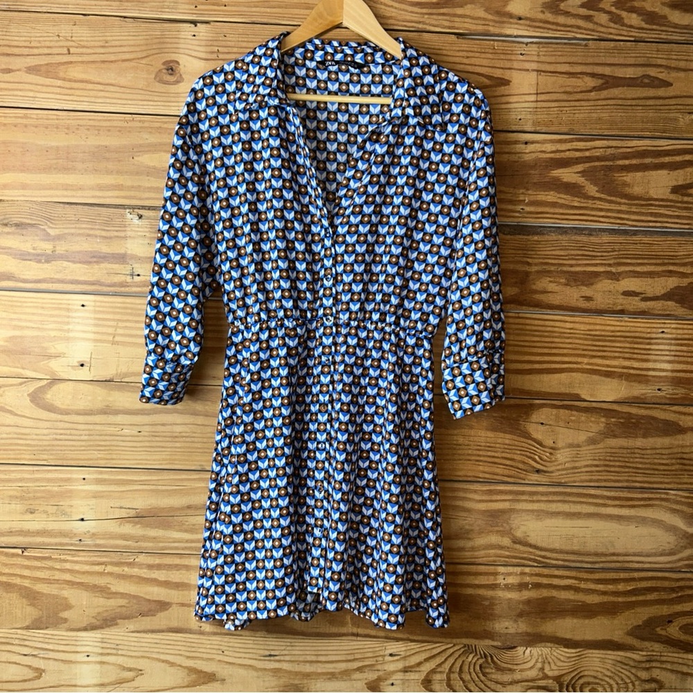 Zara Blue and White Buttoned Sundress with Notched Collar.